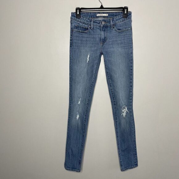 LEVIS 711 Jeans Womens 25 Long Skinny Distressed Blue Denim 8" Rise Medium Wash - Picture 1 of 8